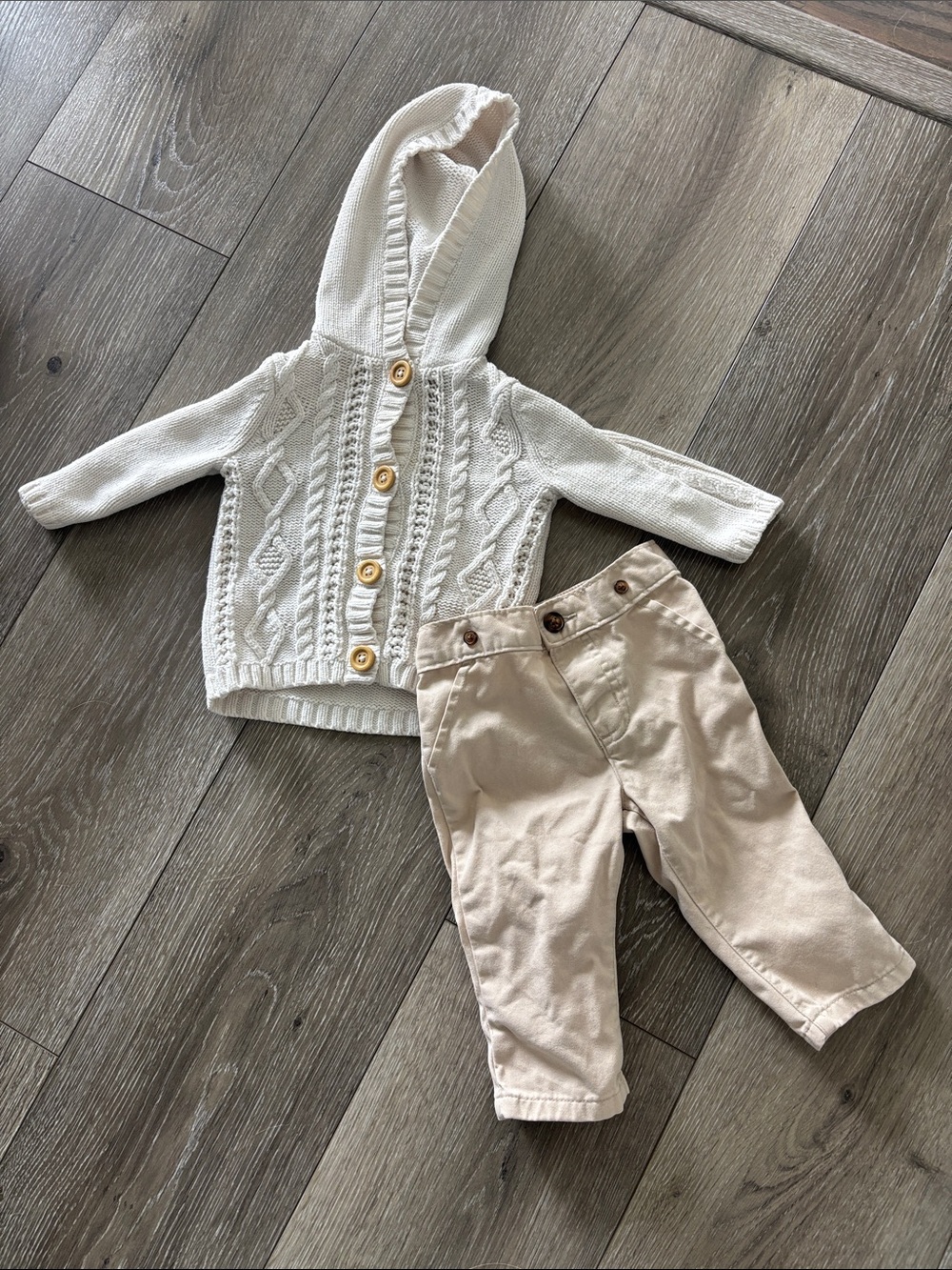 Carter's Cream Hooded Cable Knit Sweater with Beige Pants